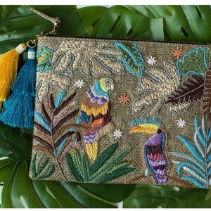 Raffia hand embroidered Tropical Clutch